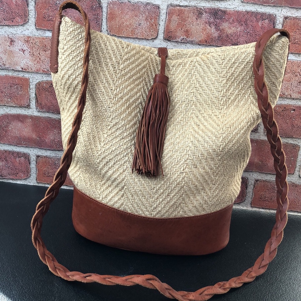 Lucky Brand Woven Natural Fiber Leather Bucket Bag crossbody